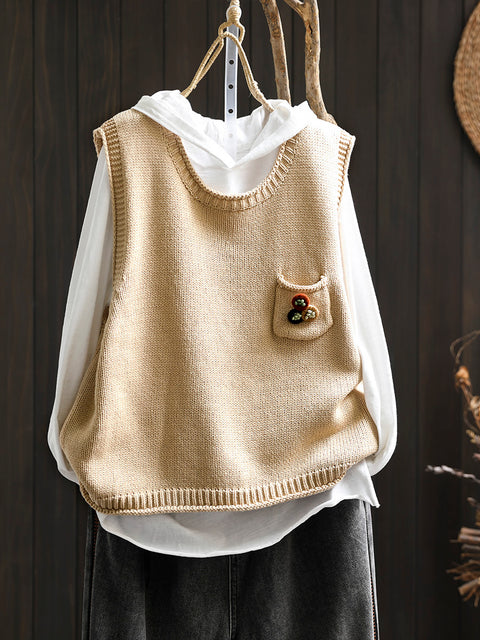 Women Vintage Flower Pocket O-Neck Knit Vest