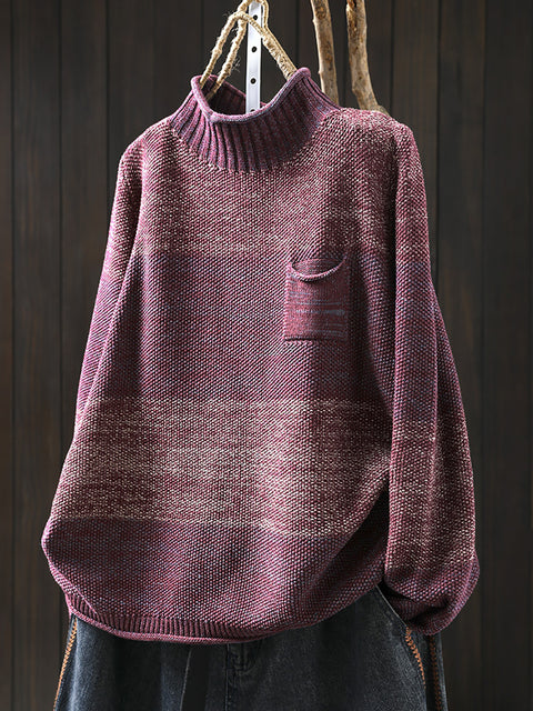 Women Autumn Casual Colorblcok Half-Turtleneck Sweater