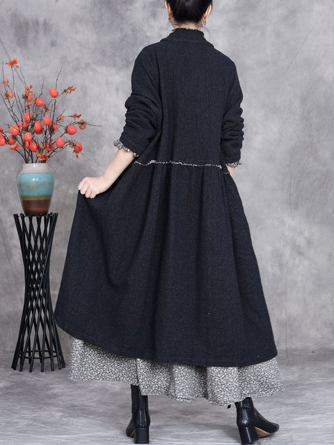 Women Autumn Ethnic Solid Linen Raw-edge Long Coat