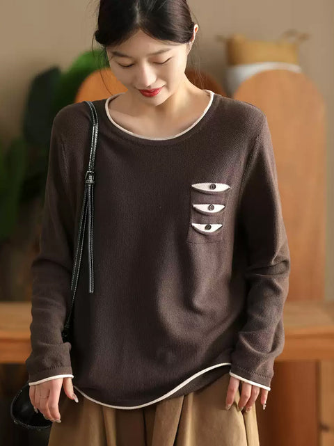 Women Autumn Warm Colorblock O-Neck Sweatshirt