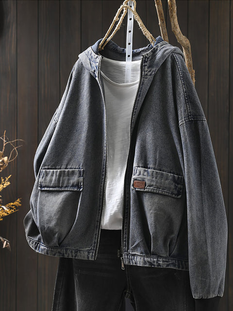 Women Vintage Spring Denim Hooded Coat