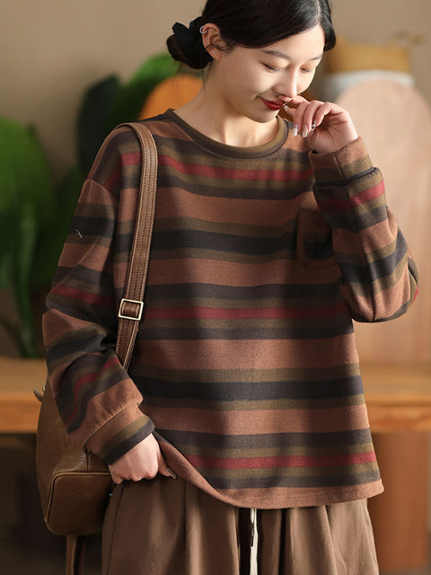 Women Spring Vintage Stripe Cotton Sweatshirt