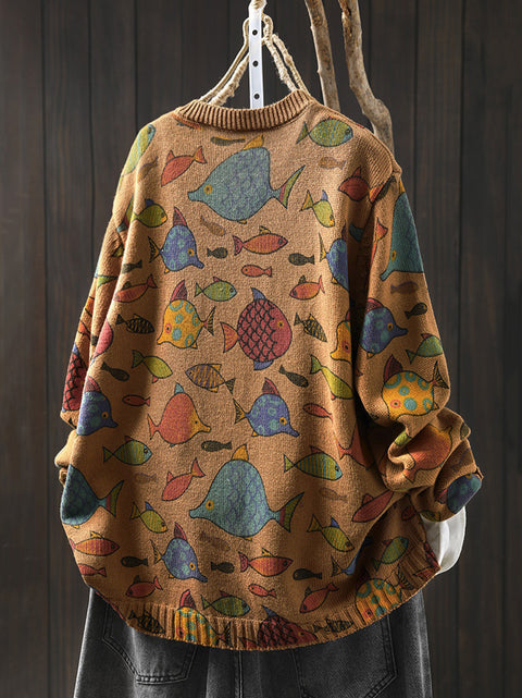 Women Autumn Fish O-Neck Cotton Cardigan Sweater