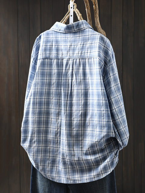 Women Spring Artsy 100%Cotton Plaid Shirt