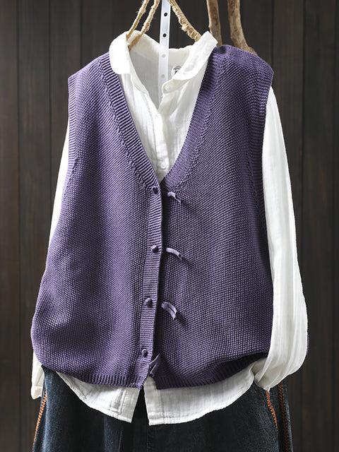 Women Spring Pure Color Knit V-Neck Cardigan Vest