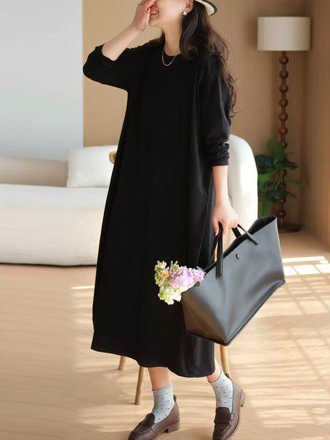 Women Spring Casual Pure Color O-Neck Loose Dress