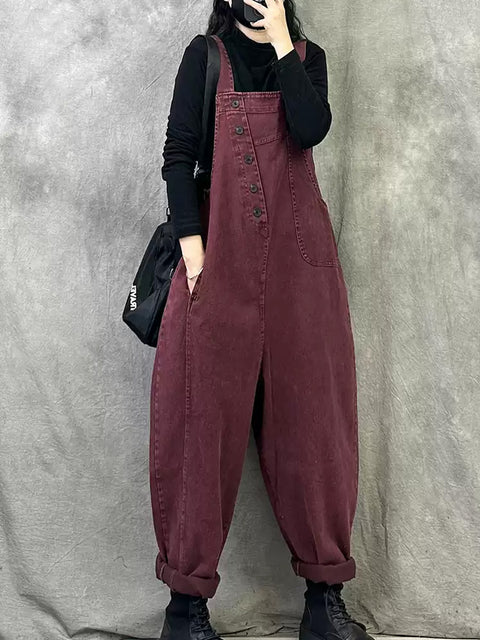 Women Spring Retro Pure Color Loose Jumpsuits