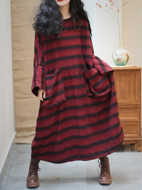 Women Spring Vintage Stripe Pocket O-Neck Loose Dress