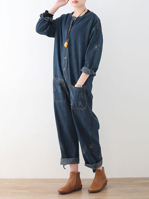 Women Spring Vintage Denim O-Neck Loose Jumpsuits