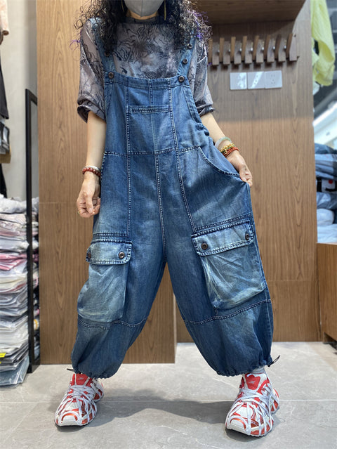 Women Spring Retro Denim Loose Jumpsuits