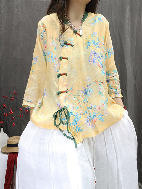 Women Ethnic Spring Flower V-Neck 100%Ramie Shirt