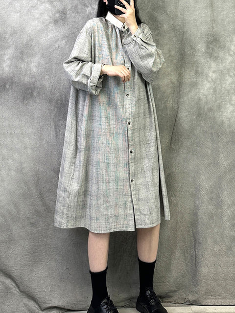 Women Spring Artsy Plaid Turn-down Collar Loose Dress