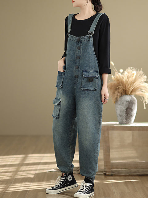 Women Spring Artsy Pocket Denim Loose Jumpsuits