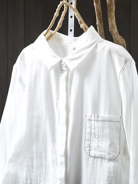 Women Spring Pure Color Cotton Turn-down Collar Shirt