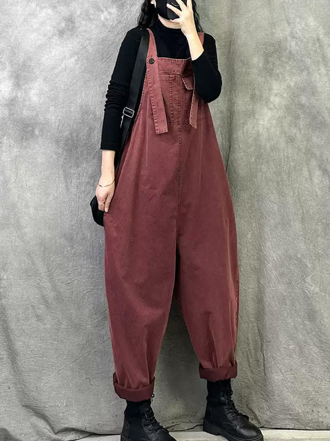 Women Spring Casual Pure Color Loose Jumpsuits