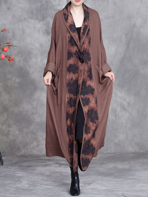 Women Retro 100%Linen Flower Spliced Batwing Sleeve Coat