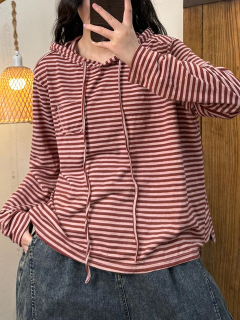 Women Casual Spring Stripe Hooded Blouse