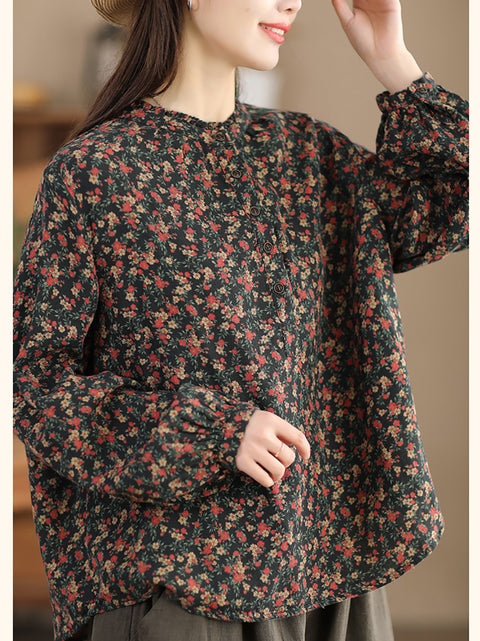 Women Artsy Flower Stand Collar 100%Cotton Shirt