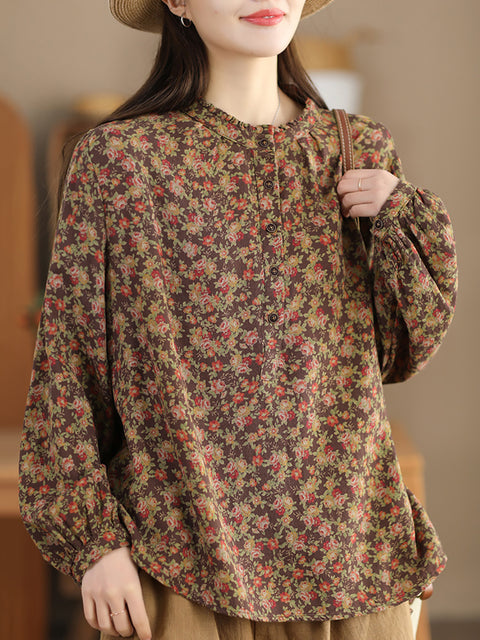 Women Artsy Flower Stand Collar 100%Cotton Shirt