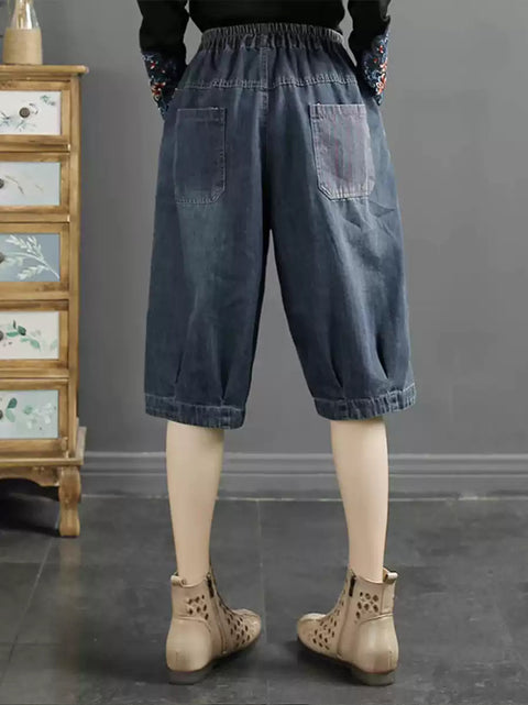 Women Retro Patch Spliced Denim Harem Middle  Pants