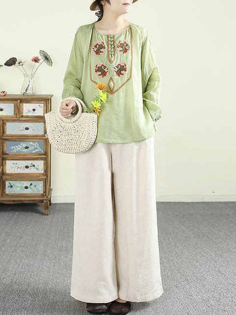 Women Spring Ethnic O-Neck Embroidery 100%Ramie Shirt