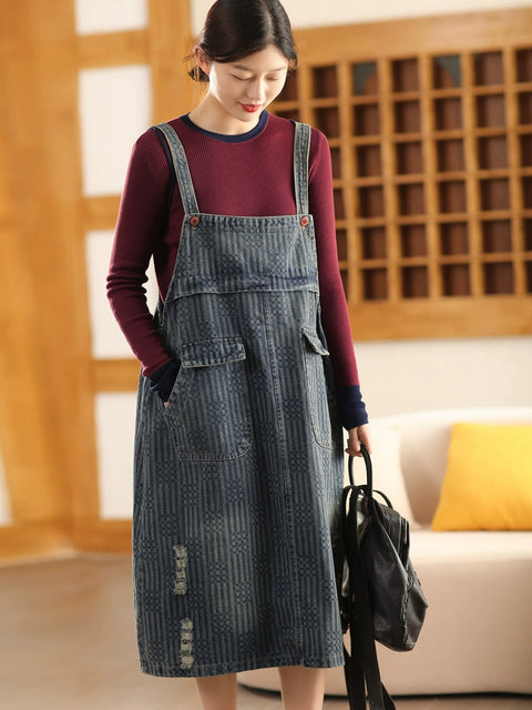 Women Spring Retro Geometric Denim Suspender Dress