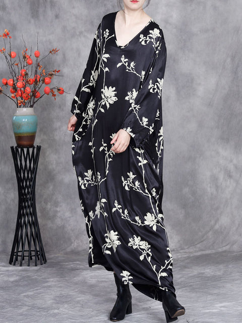 Women Spring Artsy V-Neck Flower Maxi Dress