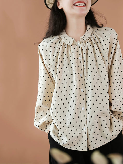 Women Spring Dot 100%Cotton Turn-down Collar Shirt