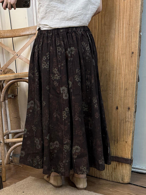 Women Spring Retro Flower Loose Cotton Skirt