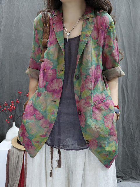 Women Artsy Spring Flower Lapel 100%Ramie Shirt