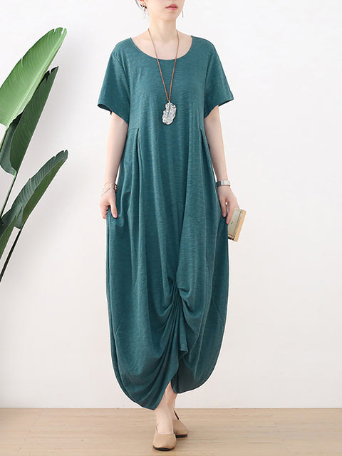 Women Summer Casual Pure Color O-Neck Dress