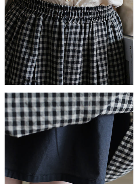 Women Summer Vintage Plaid A-Shape 100%Cotton Skirt