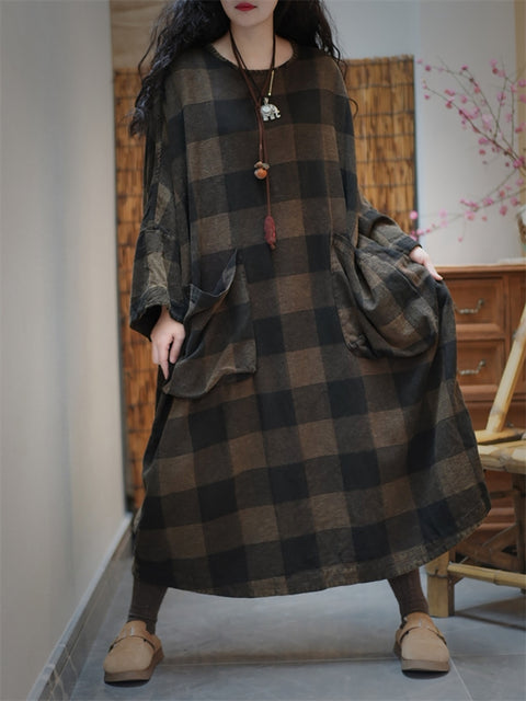 Women Spring Artsy Plaid O-Neck Cotton Maxi Dress