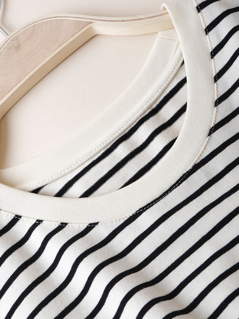 Women Summer Casual Stripe Cotton O-Neck Shirt