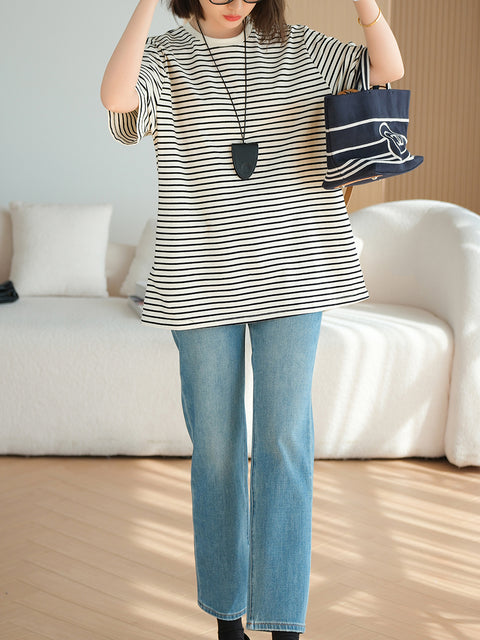 Women Summer Casual Stripe Cotton O-Neck Shirt