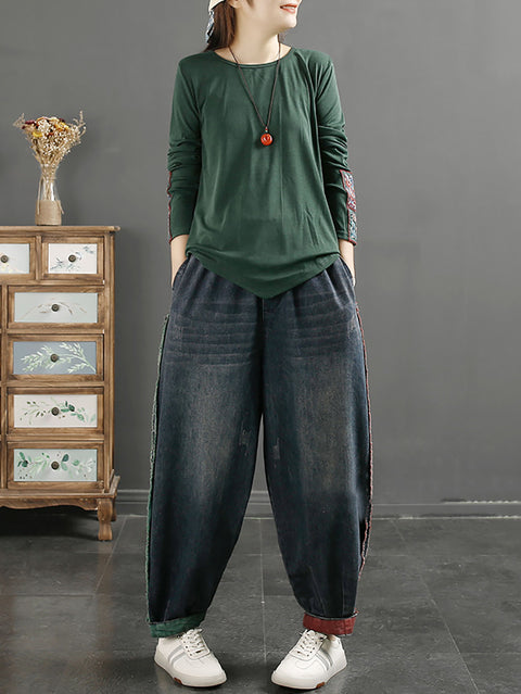 Women Spring Retro Raw-edge Denim Harem Pants