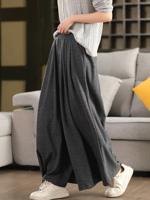 Women Spring Casual Pure Color Cotton Wide-leg Pants