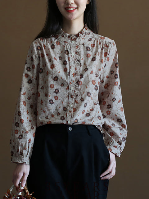 Women Spring Artsy Flower Button-up 100%Cotton Shirt