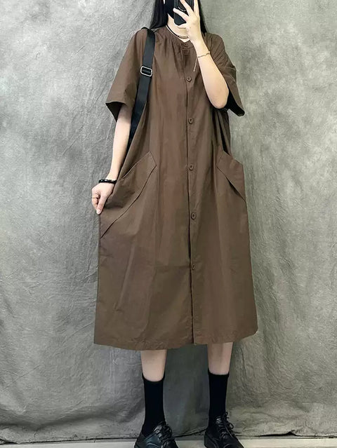 Women Summer Casual Pure Color Cotton Loose Dress