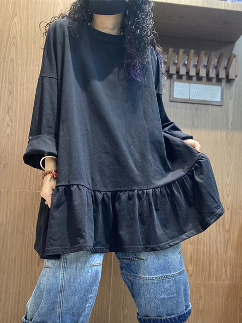 Women Spring Pure Color Ruffles Hem Cotton Shirt