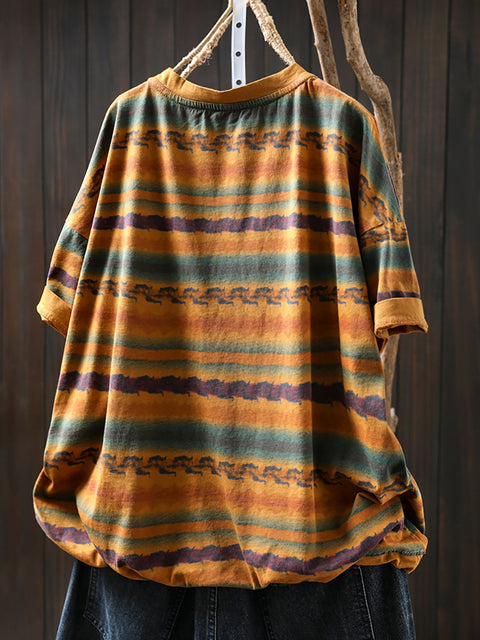 Women Summer Vintage Stripe Cotton O-Neck Shirt