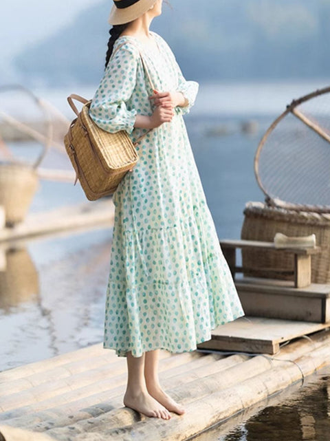 Women Summer Dot V-Neck Linen Loose Dress