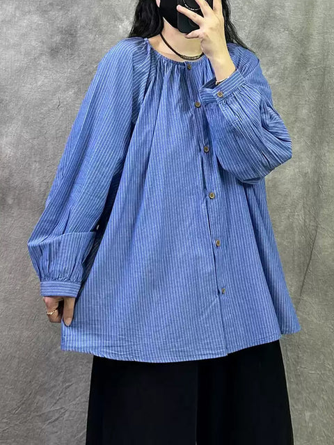 Women Spring Casual Stripe O-Neck Loose Shirt