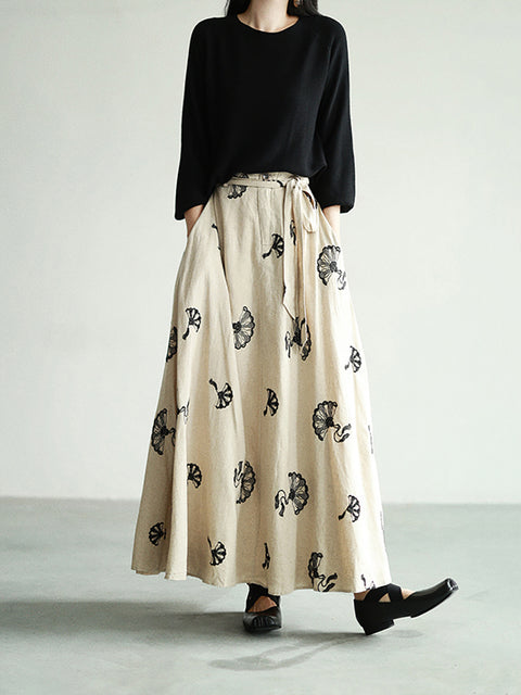 Women Summer Artsy Flower Embroidery Linen Skirt