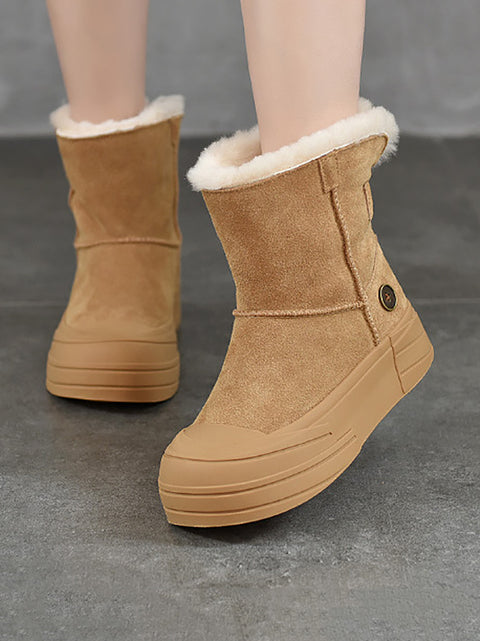 Women Winter Leather Spliced Fleece-lined Mid-Heel Snow Boots