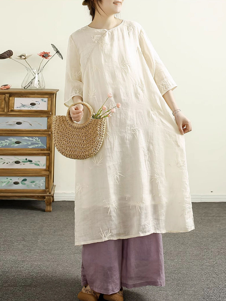 Women Summer Ethnic Embroidery Solid Robe Ramie Dress