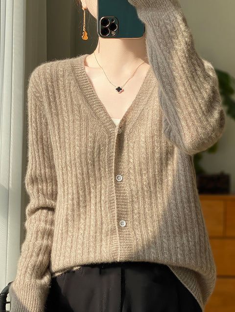 Women Autumn 100%Wool V-Neck Knit Cardigan Sweater