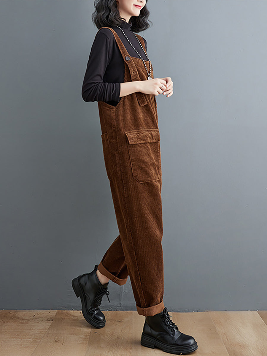 Women Vintage Solid Winter Croduroy Jumpsuits