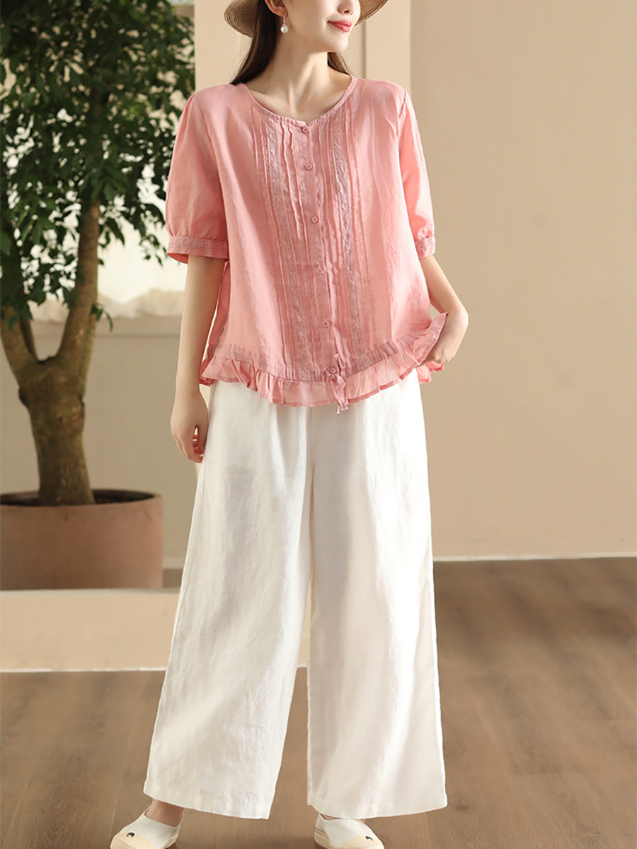 Women Summer Vintage Embroidery Button-up Strap Ramie Shirt