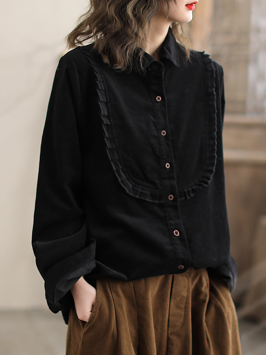 Women Spring Lacework Spliced Corduroy Solid Shirt